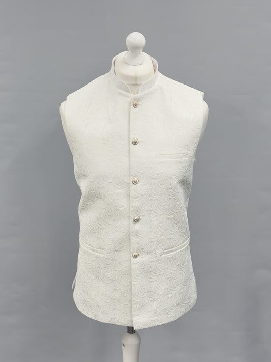 Off White Swirl Design Jamawar Waistcoat