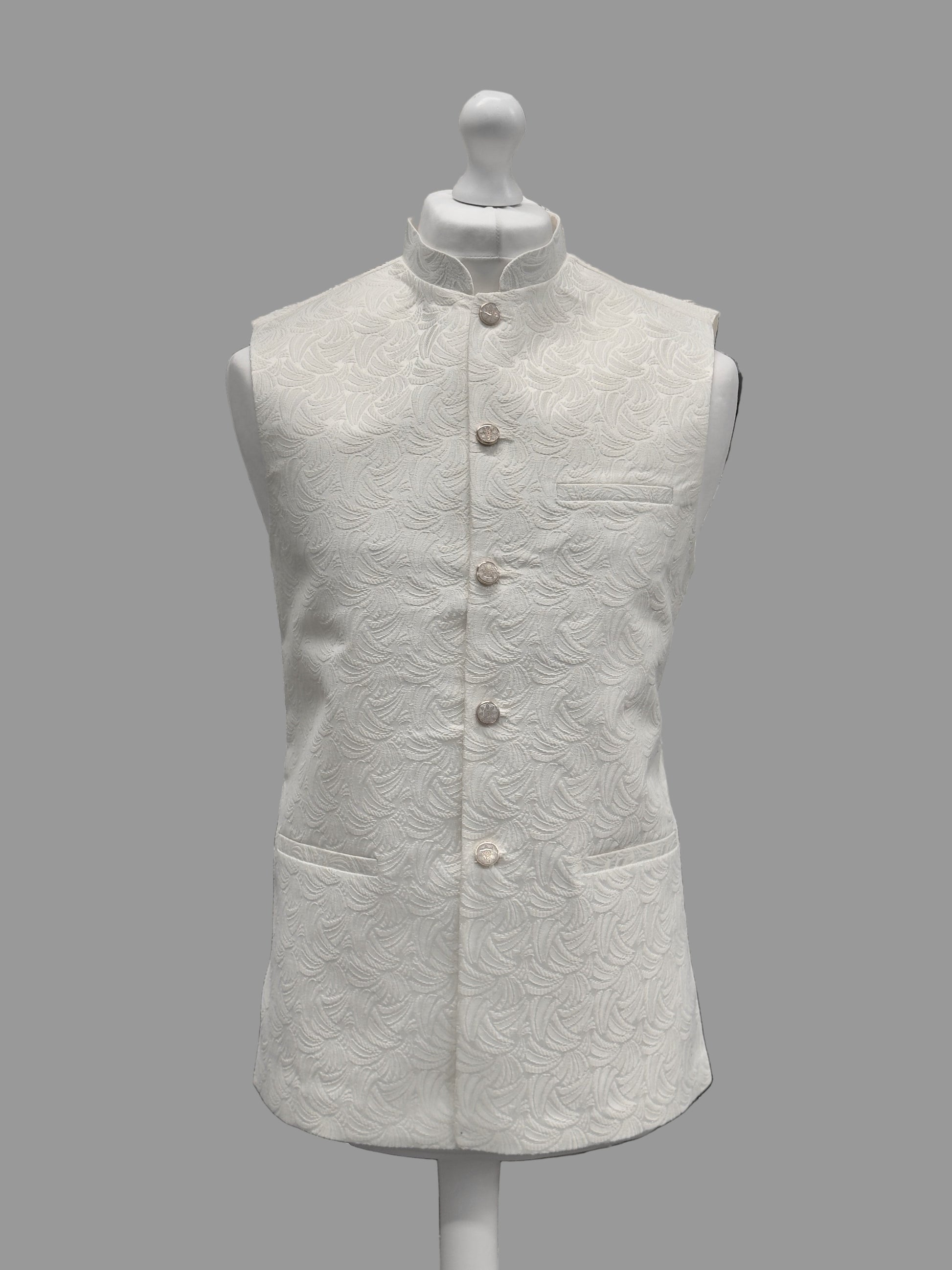Off White Swirl Jamawar Waistcoat Front View