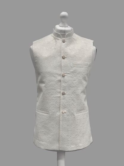 Off White Swirl Jamawar Waistcoat Front View