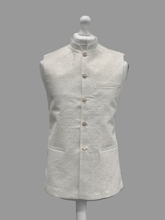 Off White Swirl Jamawar Waistcoat Front View