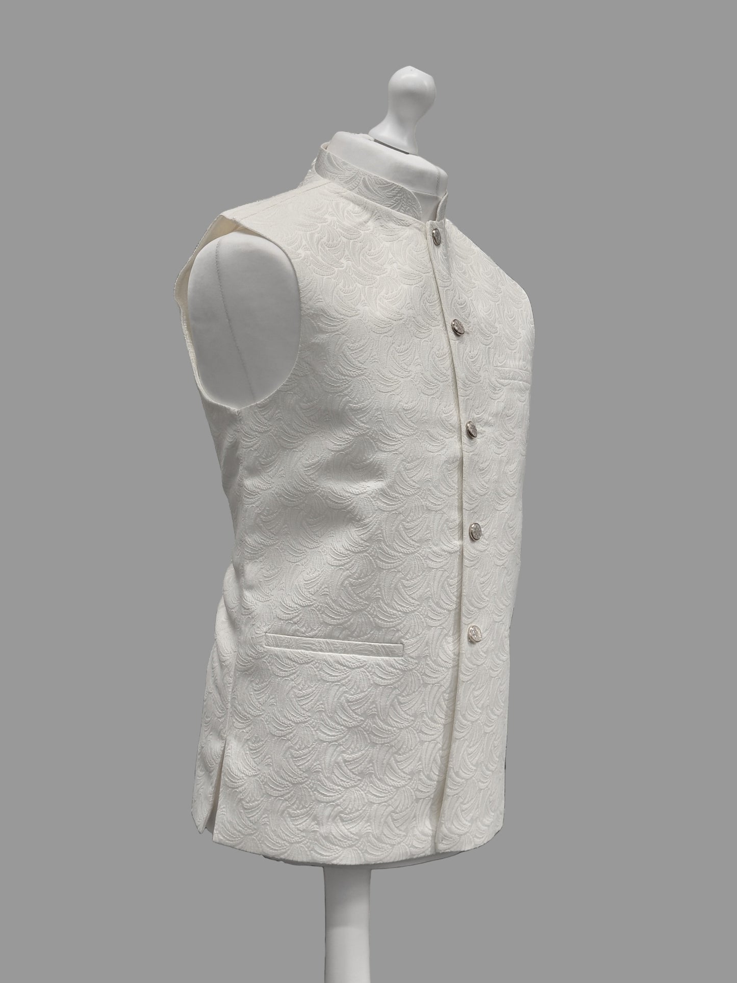Off White Swirl Jamawar Waistcoat Side View