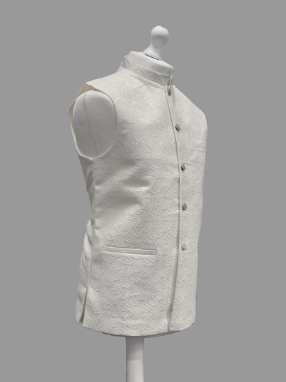 Off White Swirl Jamawar Waistcoat Side View
