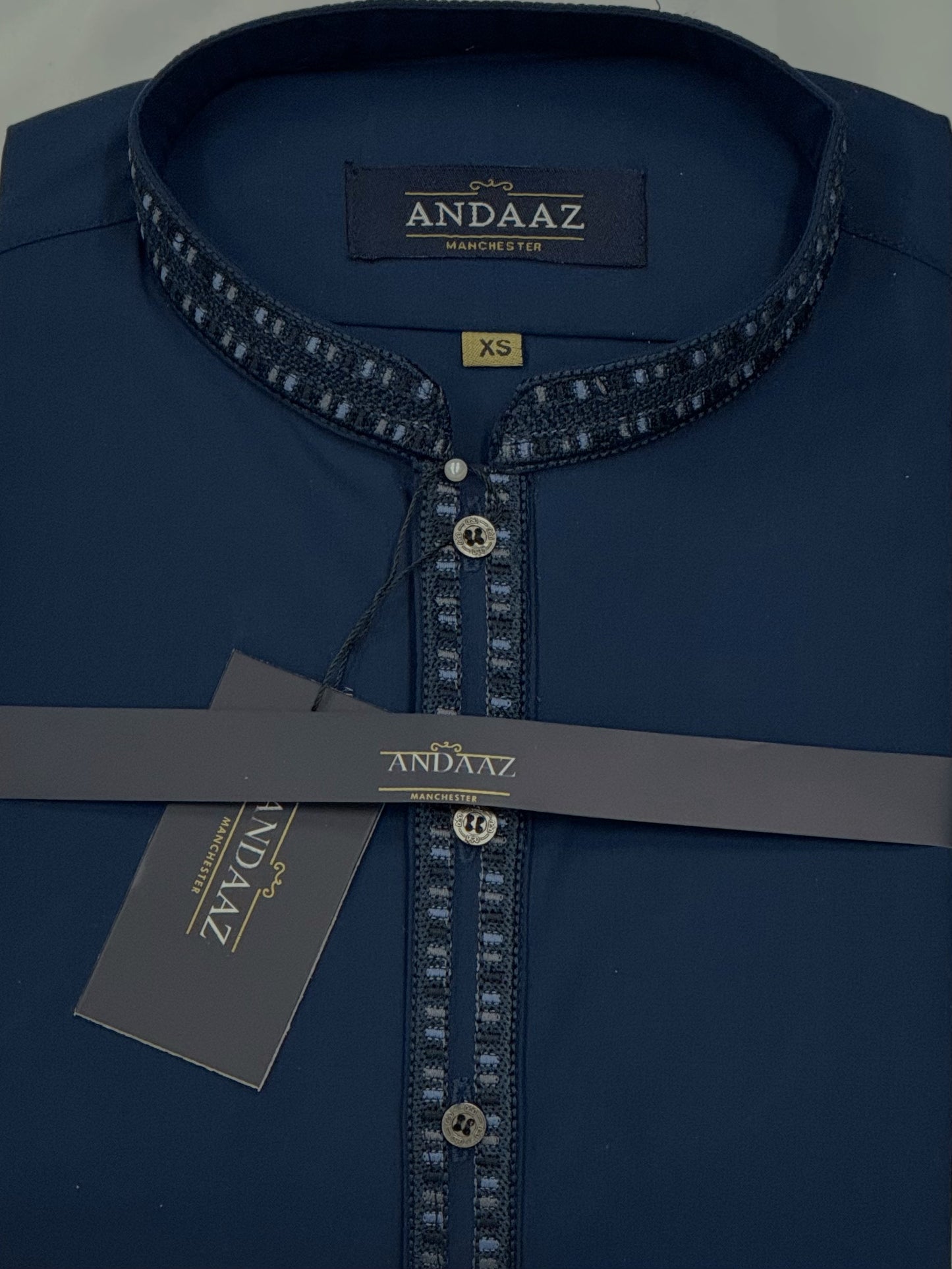 Men's Shalwar Kameez Petrol Blue with Multi Colour Split Placket Embroidery