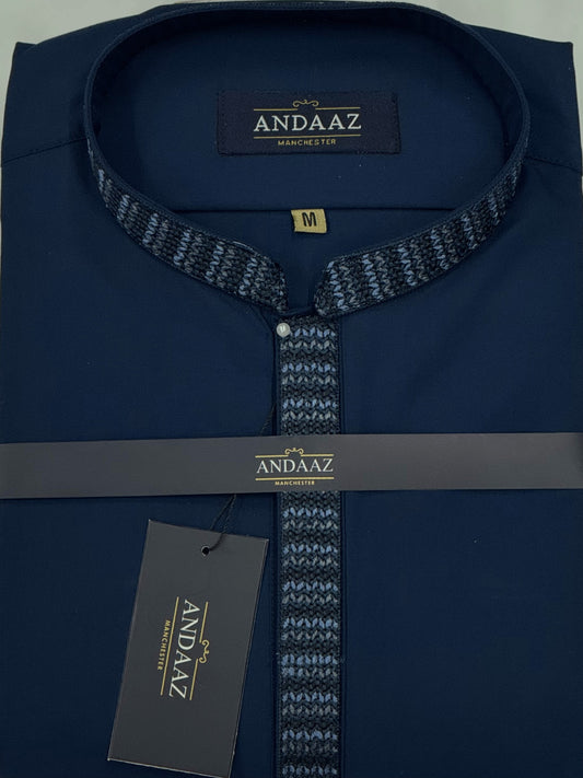 Men's Shalwar Kameez Petrol Blue with Zig Zag Placket Embroidery