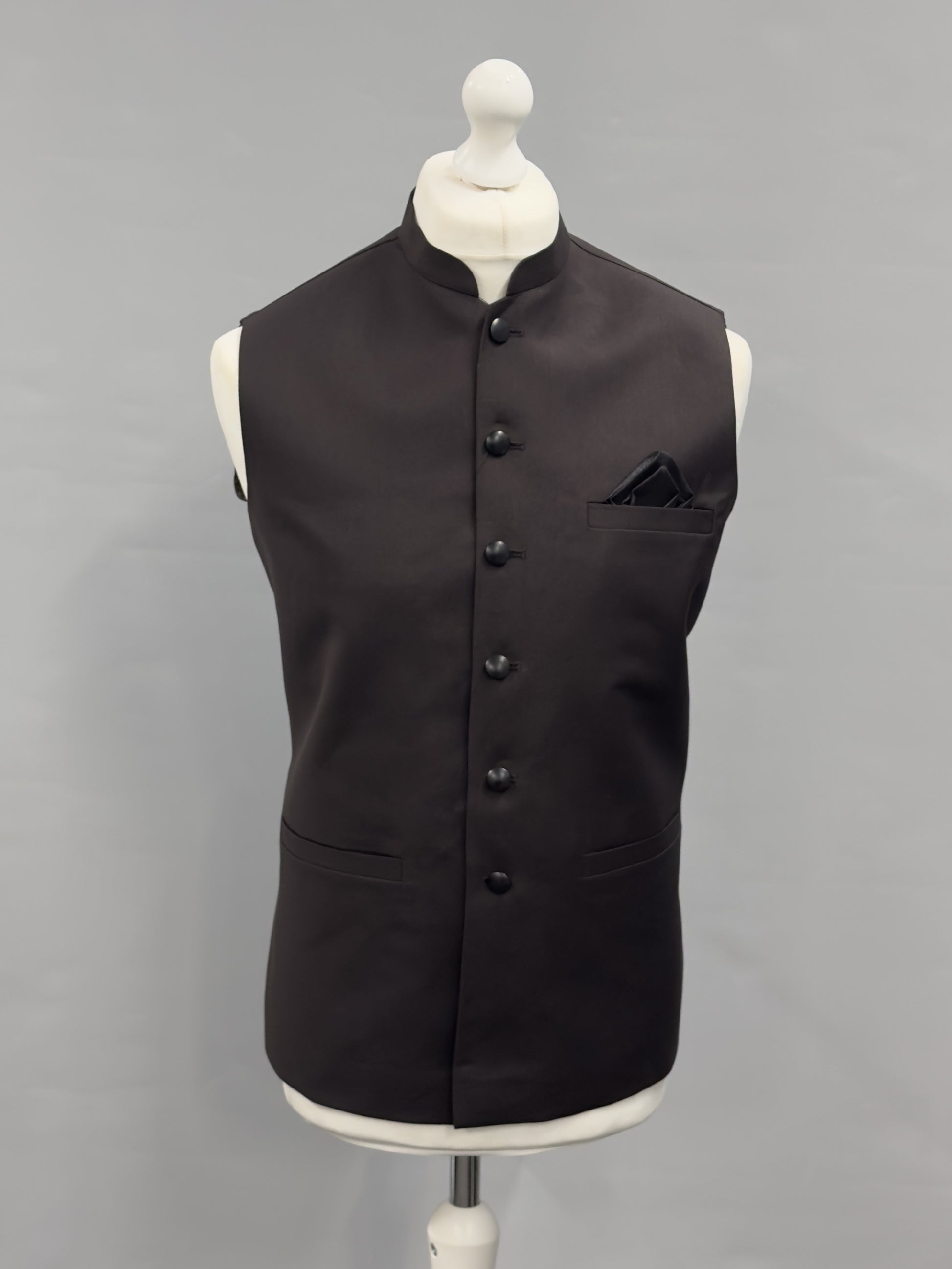 Men's Plain Dark Brown Waistcoat with Black Pocket Square