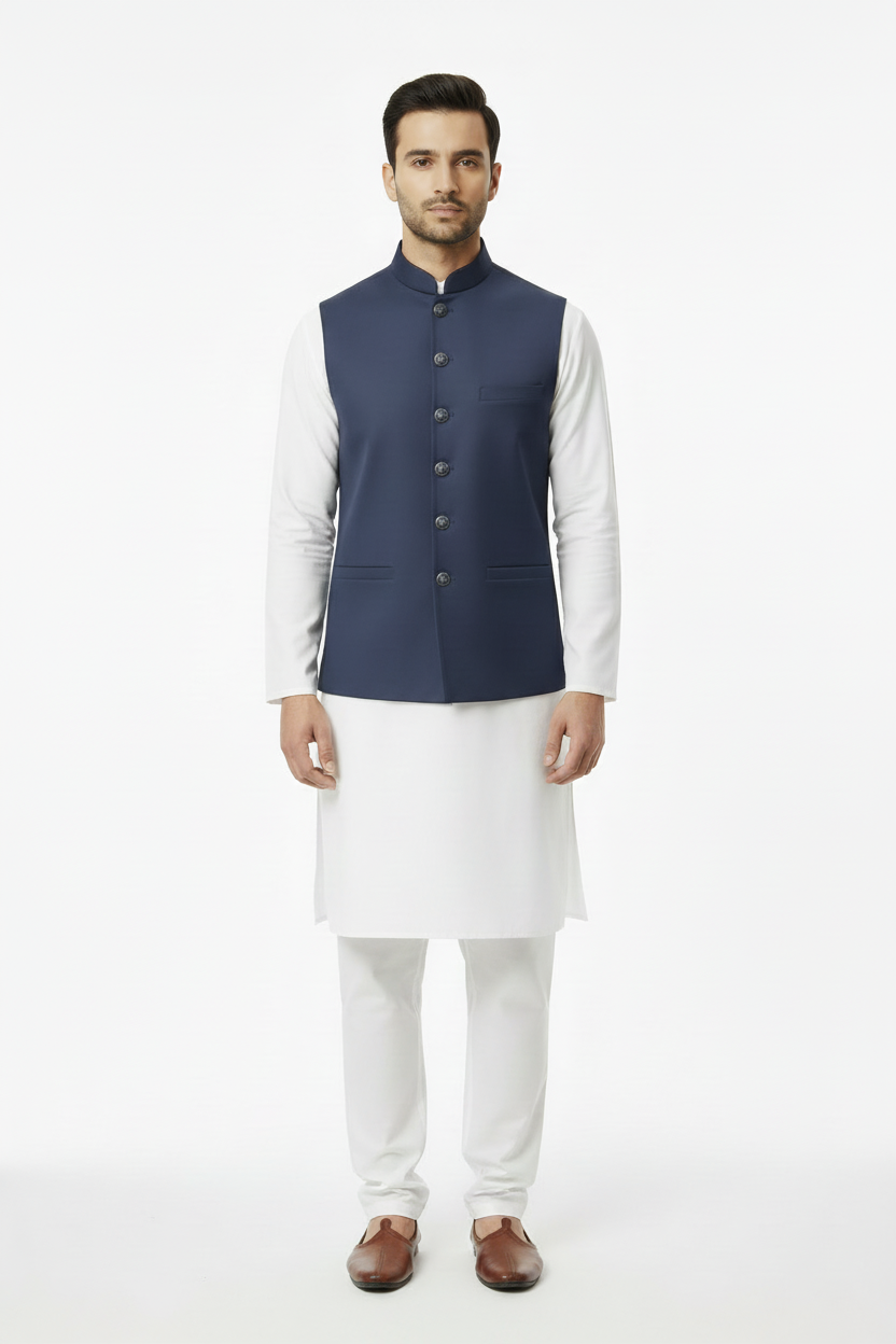 Plain Navy Waistcoat - Front Pose