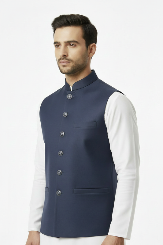 Plain Navy Waistcoat - Side Pose