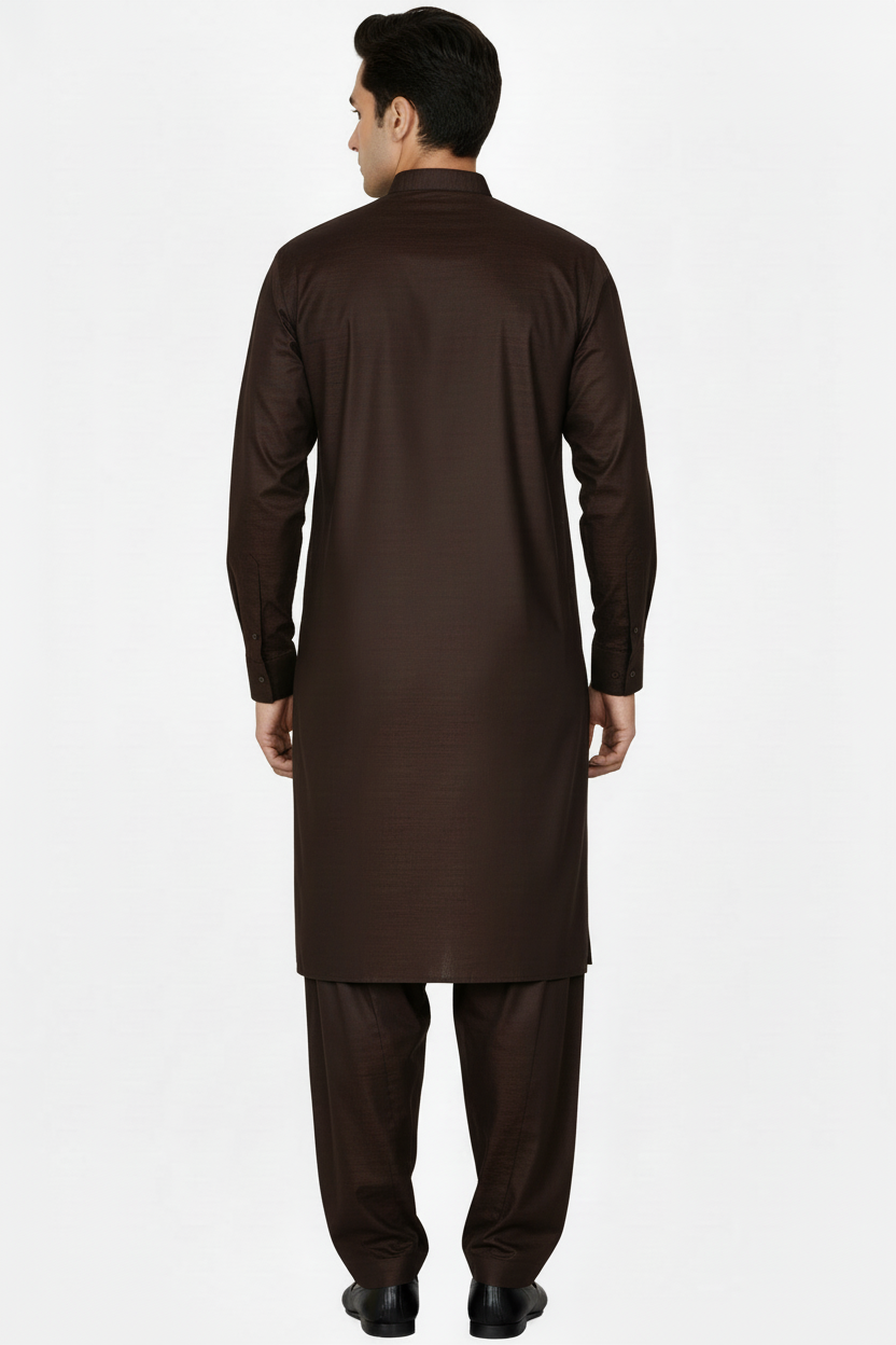 Premium Shalwar Kameez Plain - Dark Brown - Back View