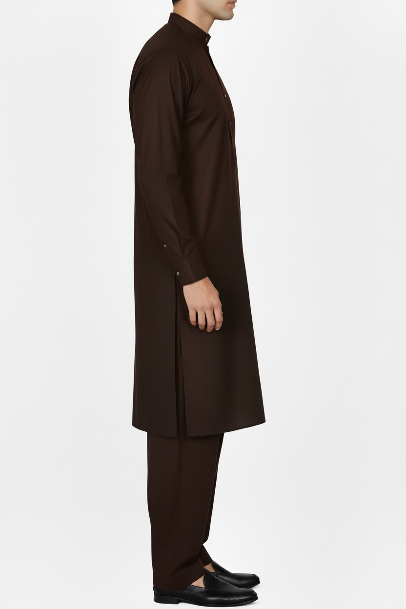Premium Shalwar Kameez Plain - Dark Brown - Side View