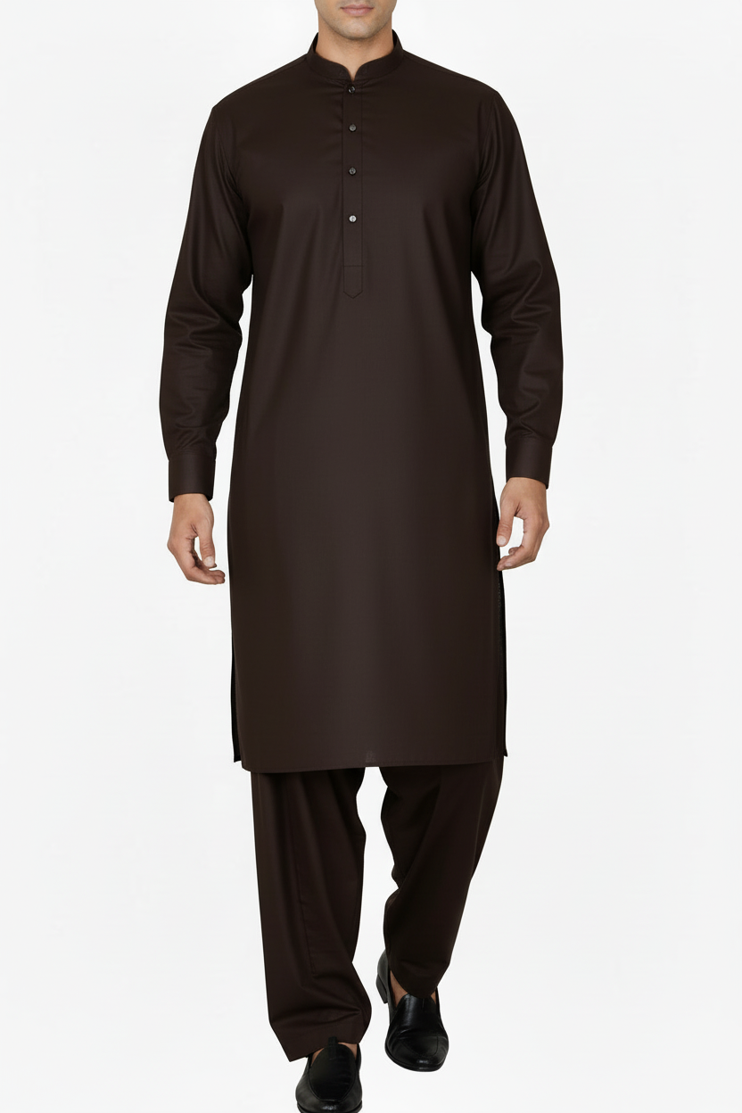 Premium Shalwar Kameez Plain - Dark Brown - Front View