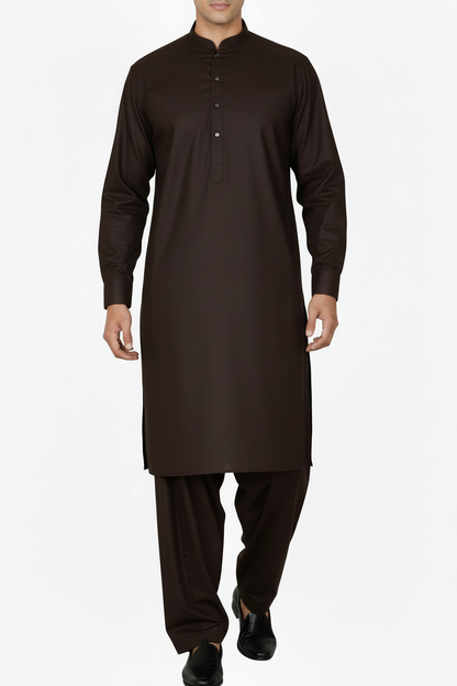 Premium Shalwar Kameez Plain - Dark Brown - Front View