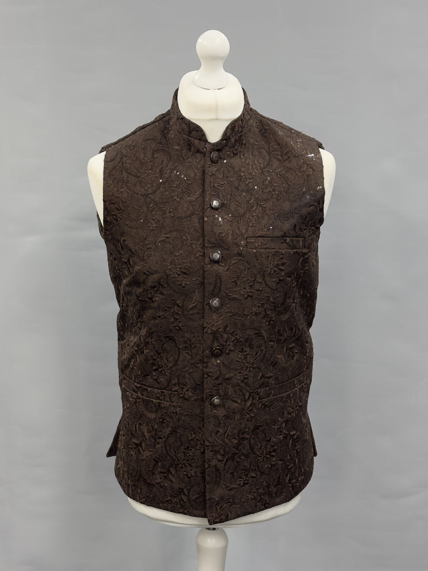 Sequin Embroidery Jamawar Dark Brown Thread Motif Design Waistcoat Gold Buttons