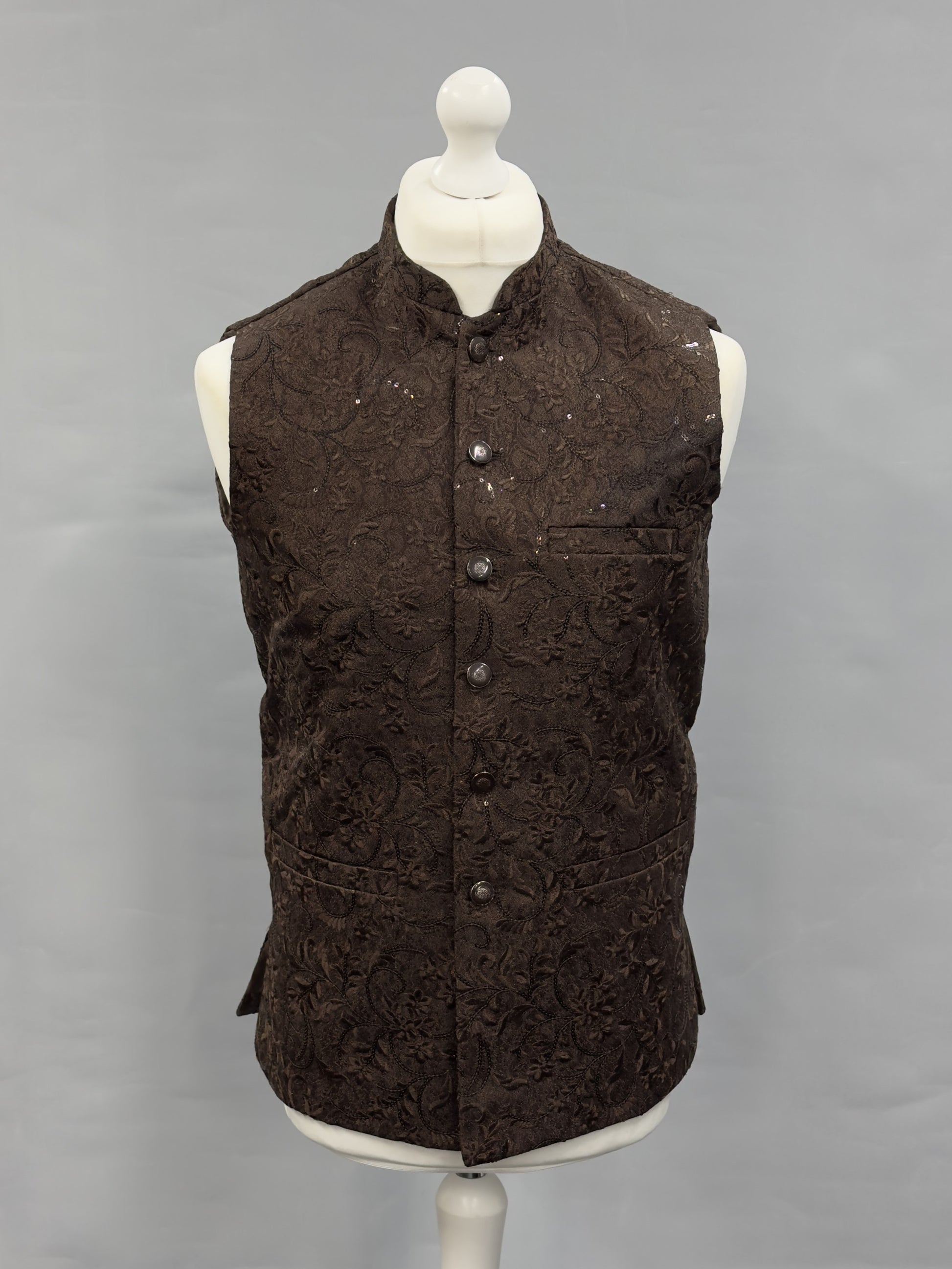 Sequin Embroidery Jamawar Dark Brown Thread Motif Design Waistcoat Gold Buttons