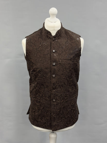 Sequin Embroidery Jamawar Dark Brown Thread Motif Design Waistcoat Gold Buttons
