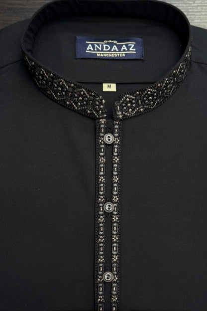Shalwar Kameez Black with Multi Colour Split Placket Embroidery