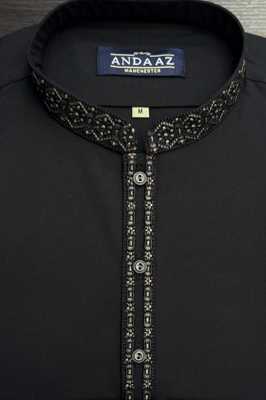 Shalwar Kameez Black with Multi Colour Split Placket Embroidery