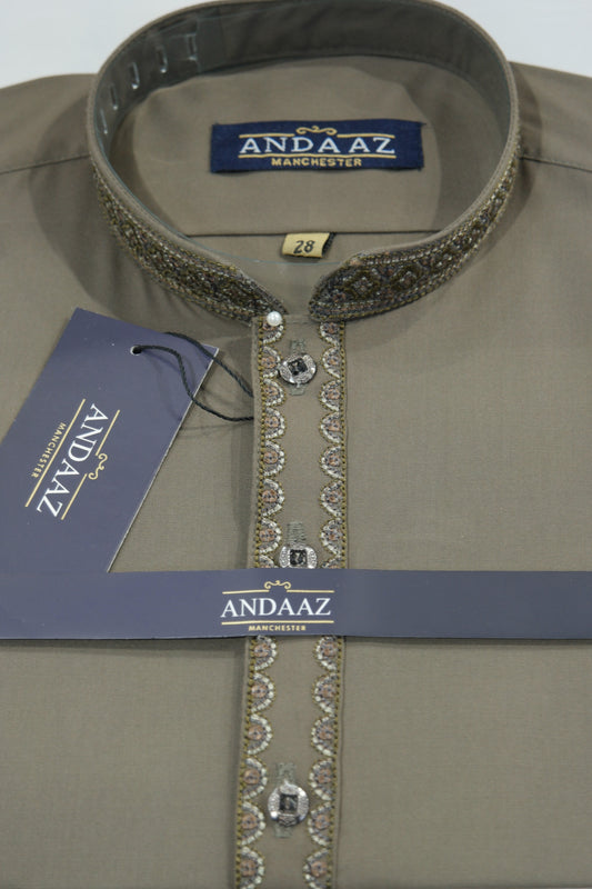 Shalwar Kameez Khaki Multi Colour Split Placket Embroidery