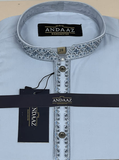 Shalwar Kameez Sky Blue with Multi Colour Split Placket Embroidery