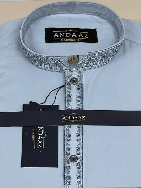 Shalwar Kameez Sky Blue with Multi Colour Split Placket Embroidery