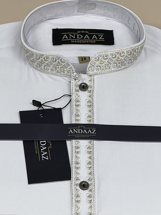 Shalwar Kameez White with Multi Colour Split Placket Embroidery