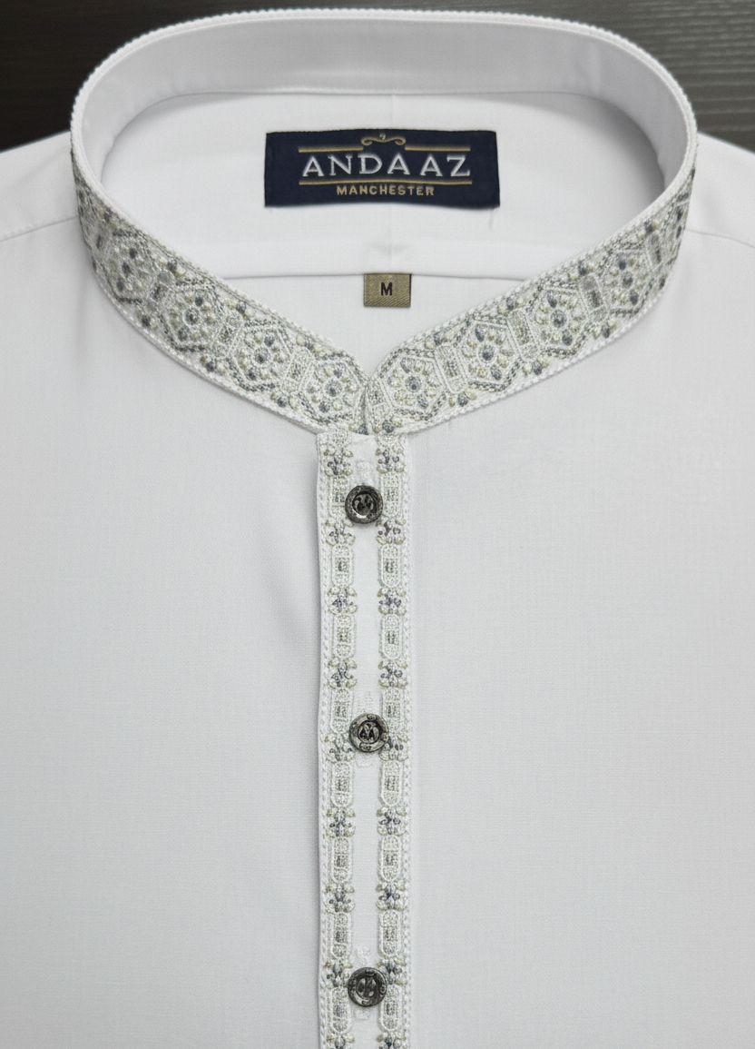 Shalwar Kameez White with Multi Colour Split Placket Embroidery