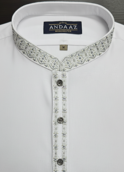 Shalwar Kameez White with Multi Colour Split Placket Embroidery