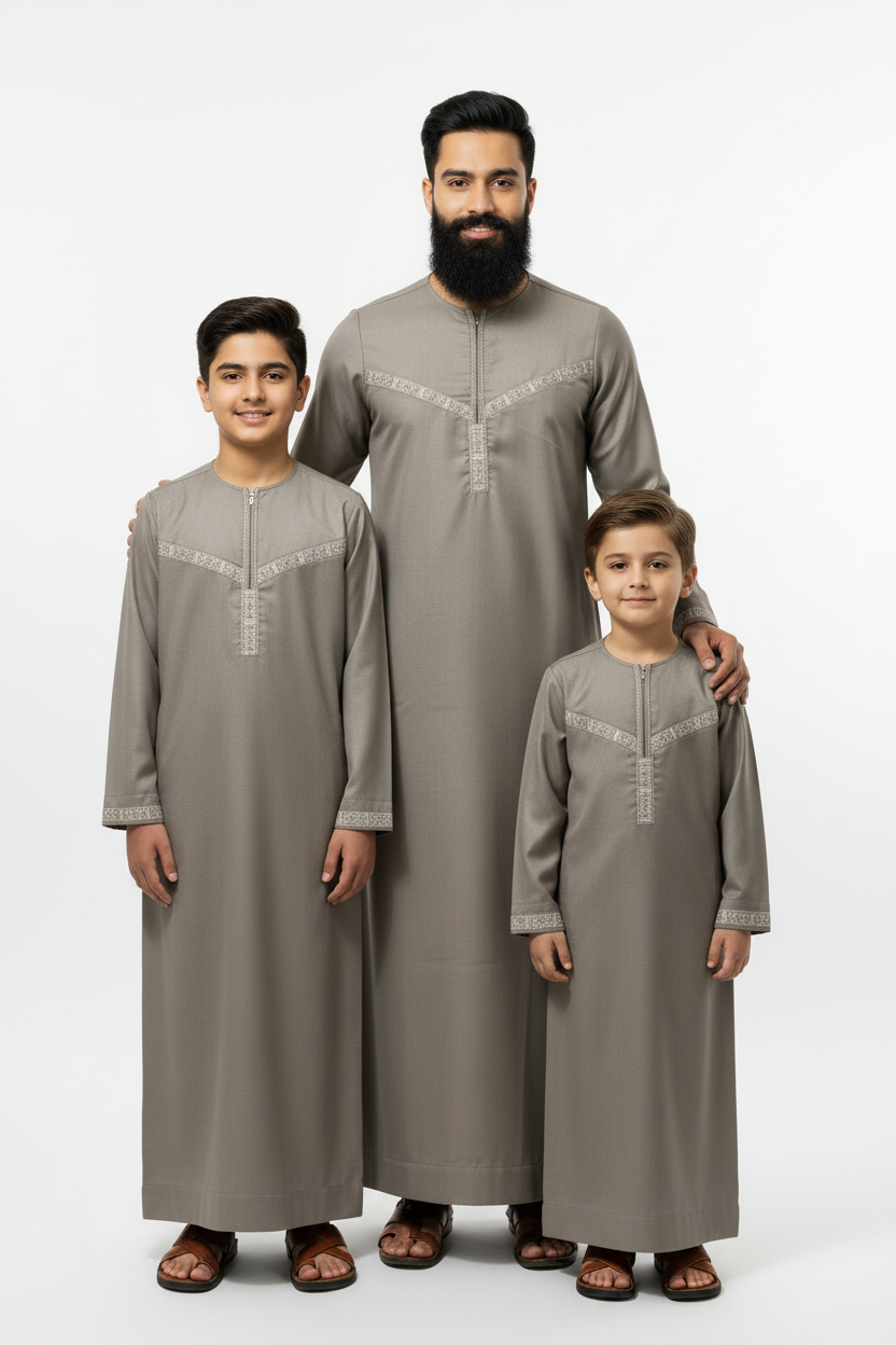 South Asian Pakistani family group - father and two sons in Zain thobes