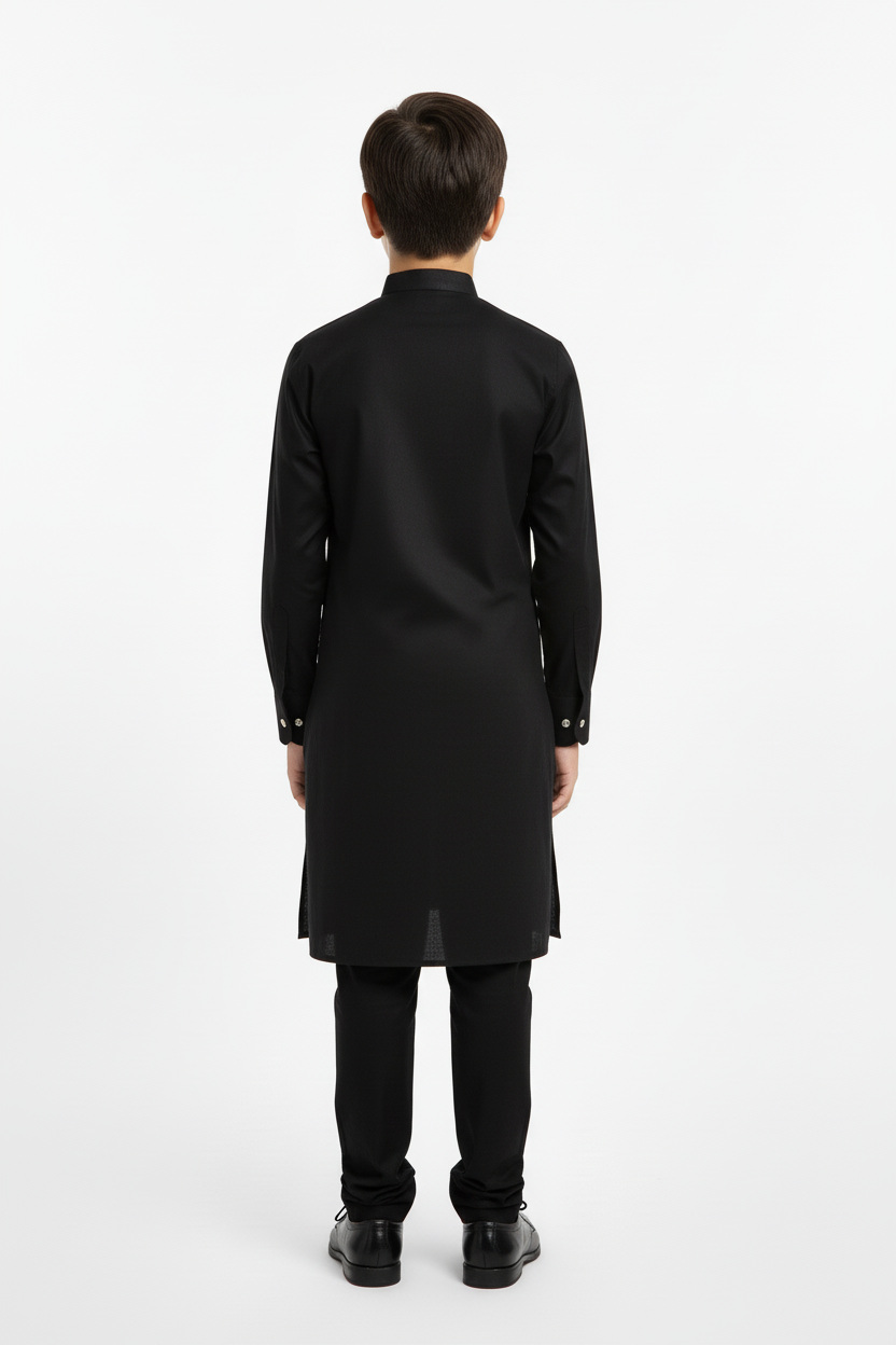 Back view boys black kameez with trousers