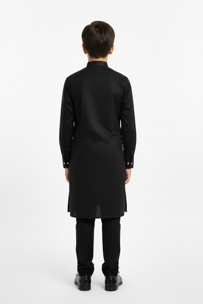 Back view boys black kameez with trousers