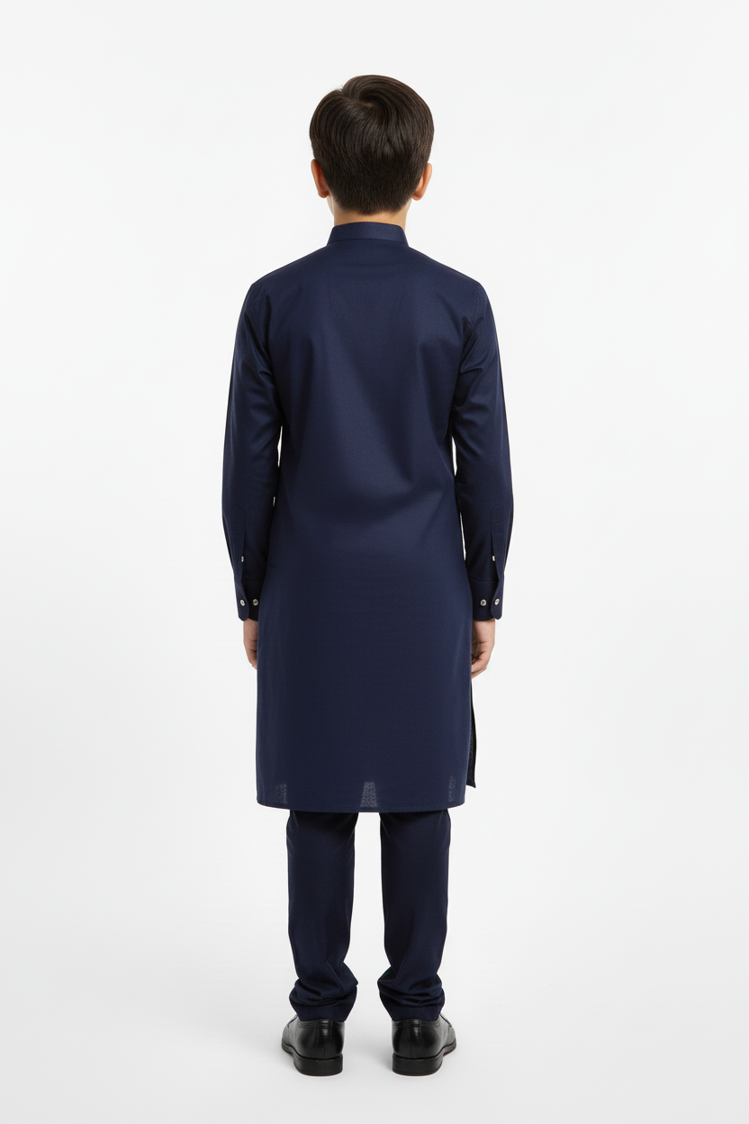 Back view boys navy kameez with trousers