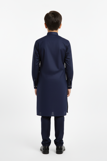 Back view boys navy kameez with trousers