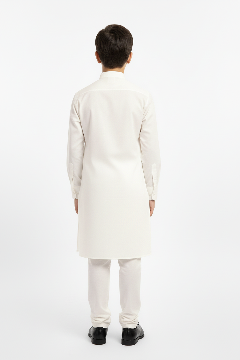 Back view boys plain off white kameez