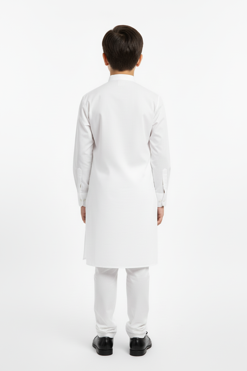 Back view boys white kameez - with visible cuffed sleeves