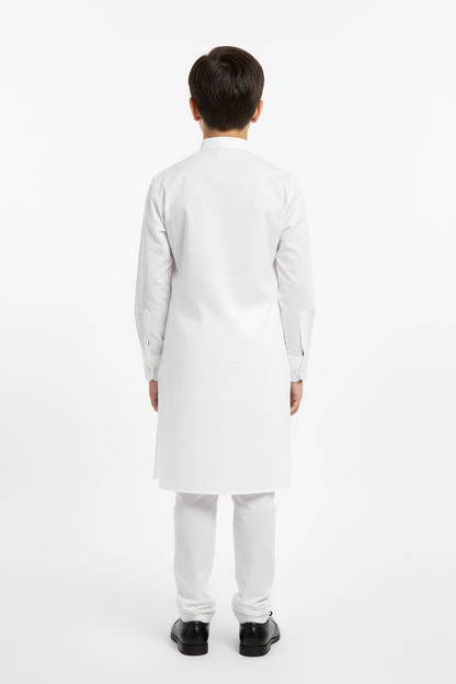 Back view boys white kameez - with visible cuffed sleeves