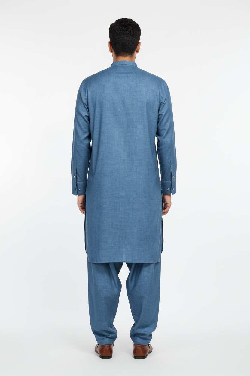 Back view of blue merino wool shalwar kameez on model