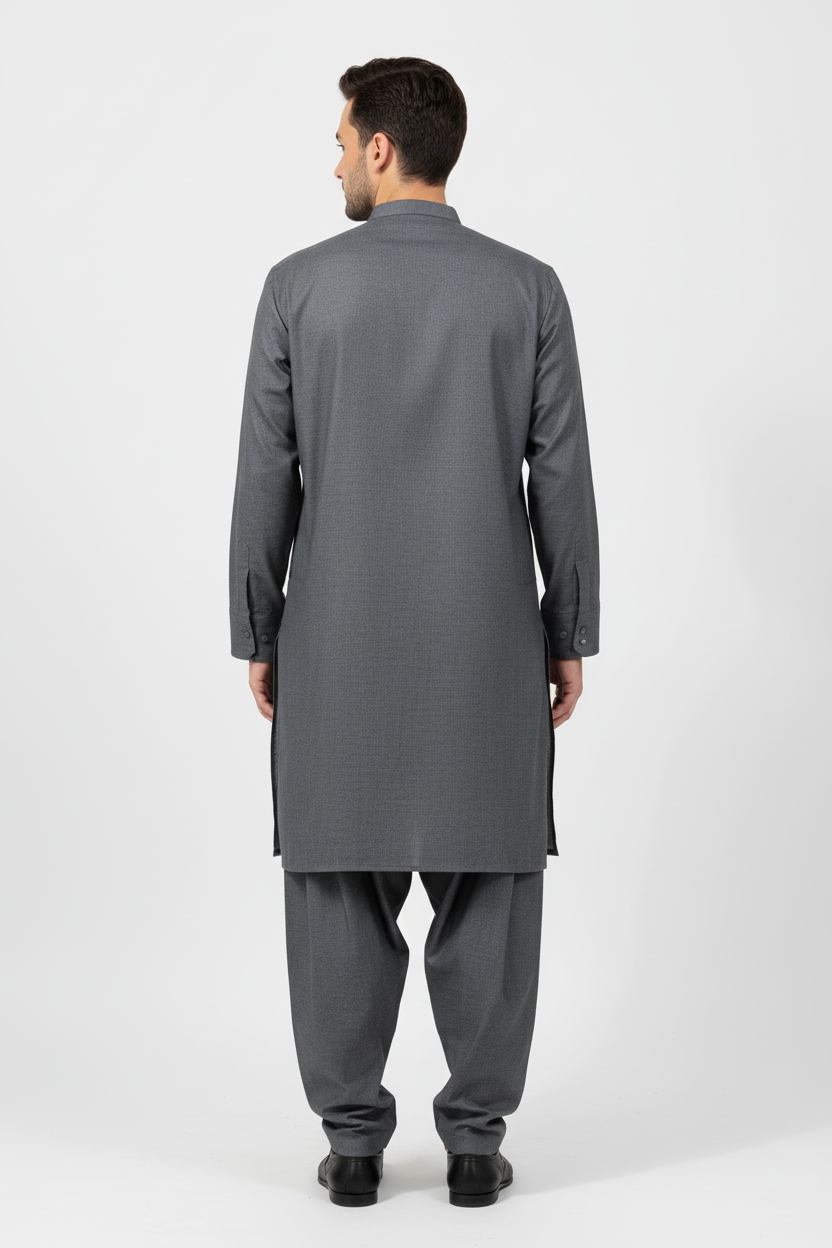 Back view of dark grey merino wool shalwar kameez on model