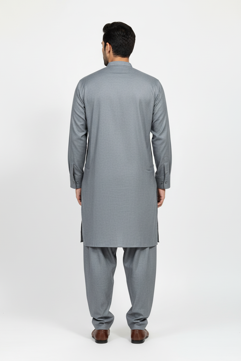 Back view of light grey merino wool shalwar kameez on model