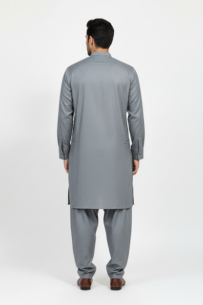 Back view of light grey merino wool shalwar kameez on model