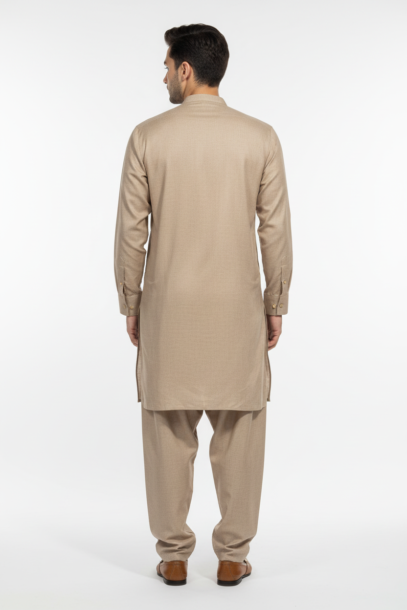 Back view with button cuffs and traditional shalwar