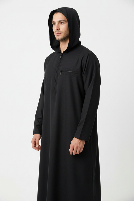 Black Hoodie Thobe - Angled View