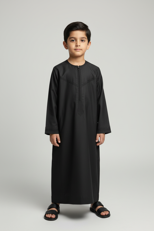 Black Thobe on Small Boy Model with Zipper and Embroidery