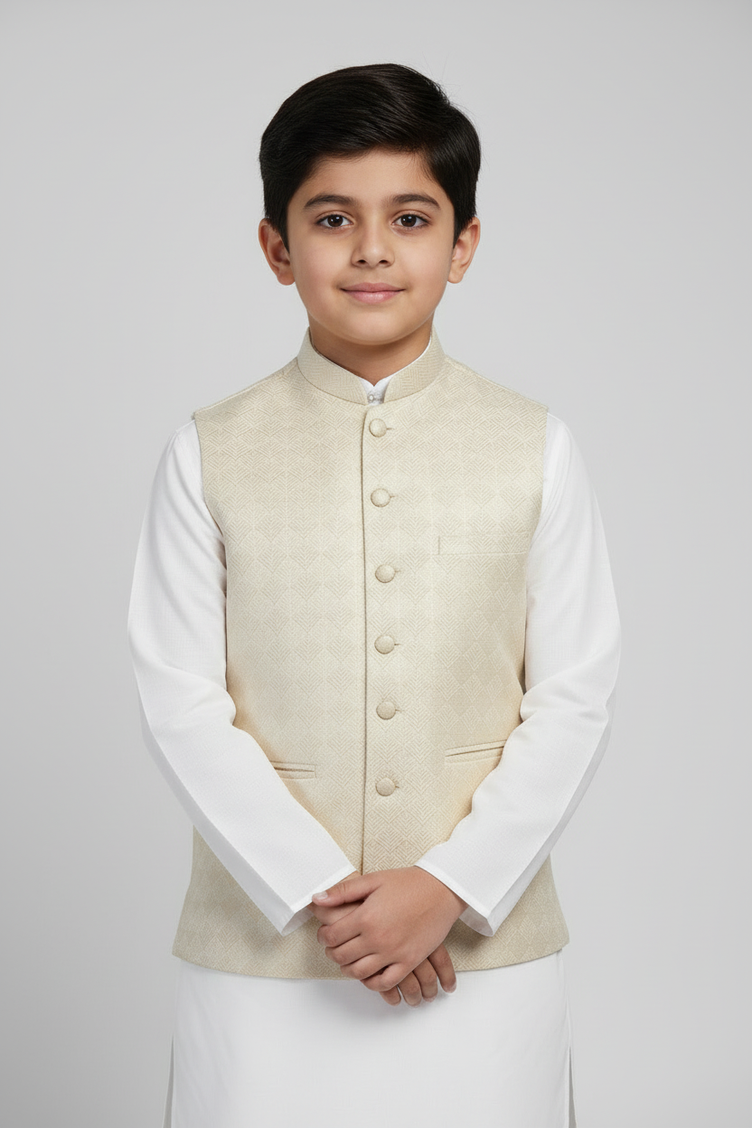 Boy in Butter Cream Chevron Waistcoat – Close Up