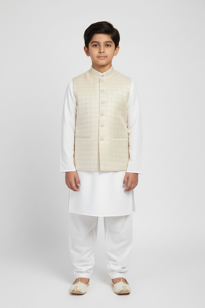 Boy in Butter Cream Chevron Waistcoat – Front