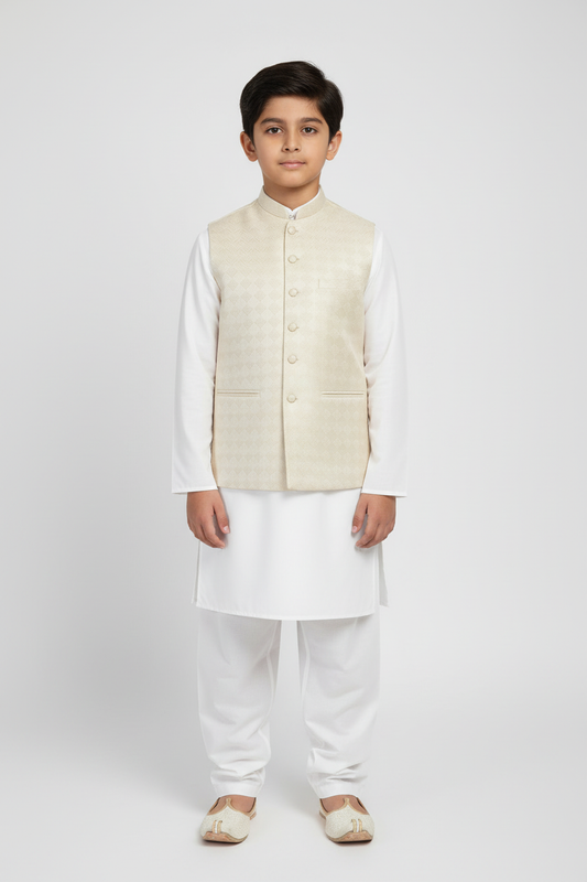 Boy in Butter Cream Chevron Waistcoat – Front