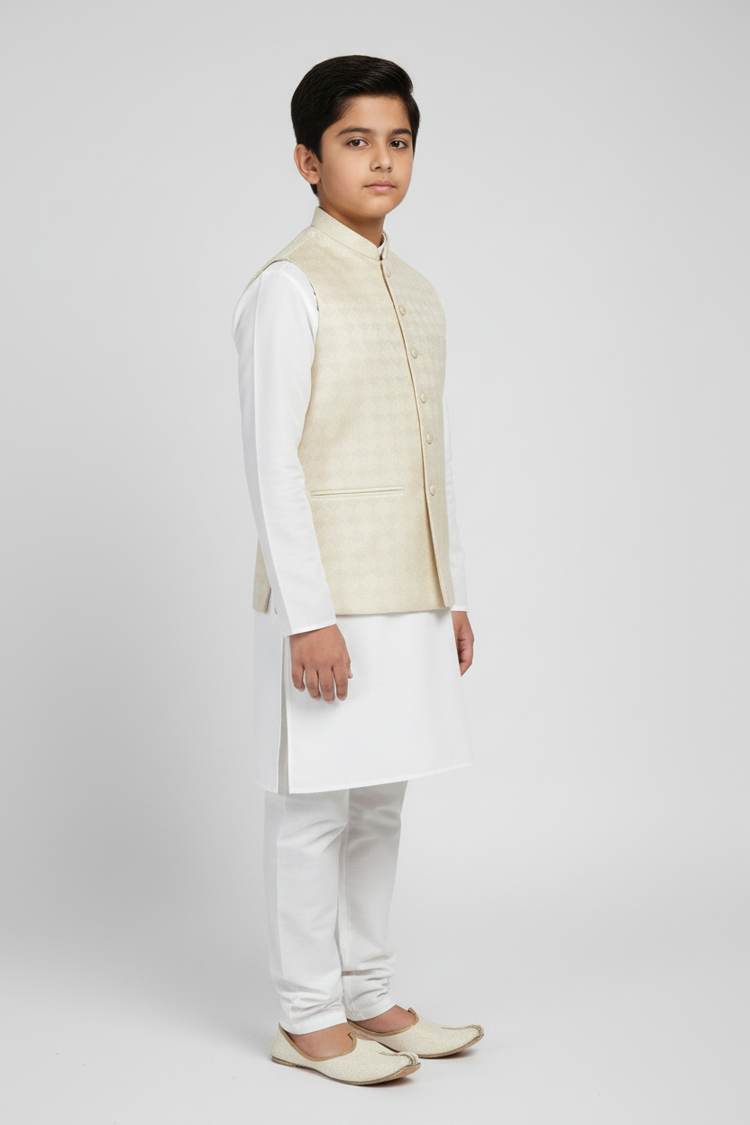 Boy in Butter Cream Chevron Waistcoat – Side