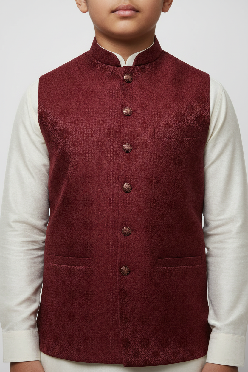 Boy in Maroon Diamond Flower Waistcoat – Close Up