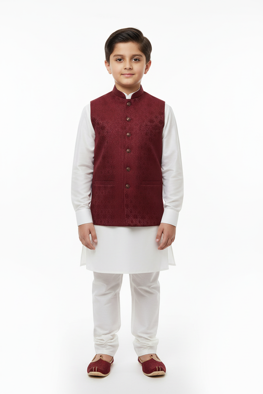 Boy in Maroon Diamond Flower Waistcoat – Front