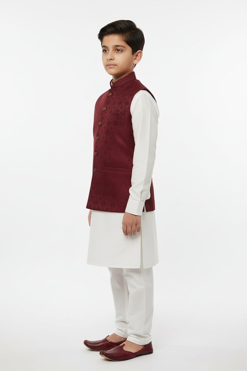 Boy in Maroon Diamond Flower Waistcoat – Side