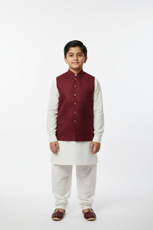 Boy in Maroon Medallion Waistcoat – Front