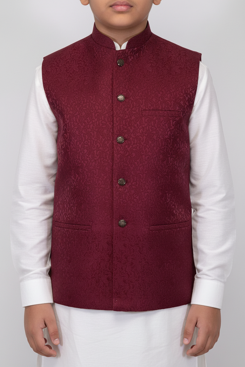 Boy in Maroon Paisley Vine Waistcoat – Close Up